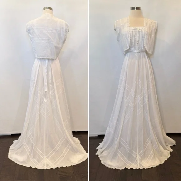 Jodi T Vintage Prairie Peasant White 70s Maxi Gown Long Dress Vest Shrug 2Pc Set - Picture 11 of 11